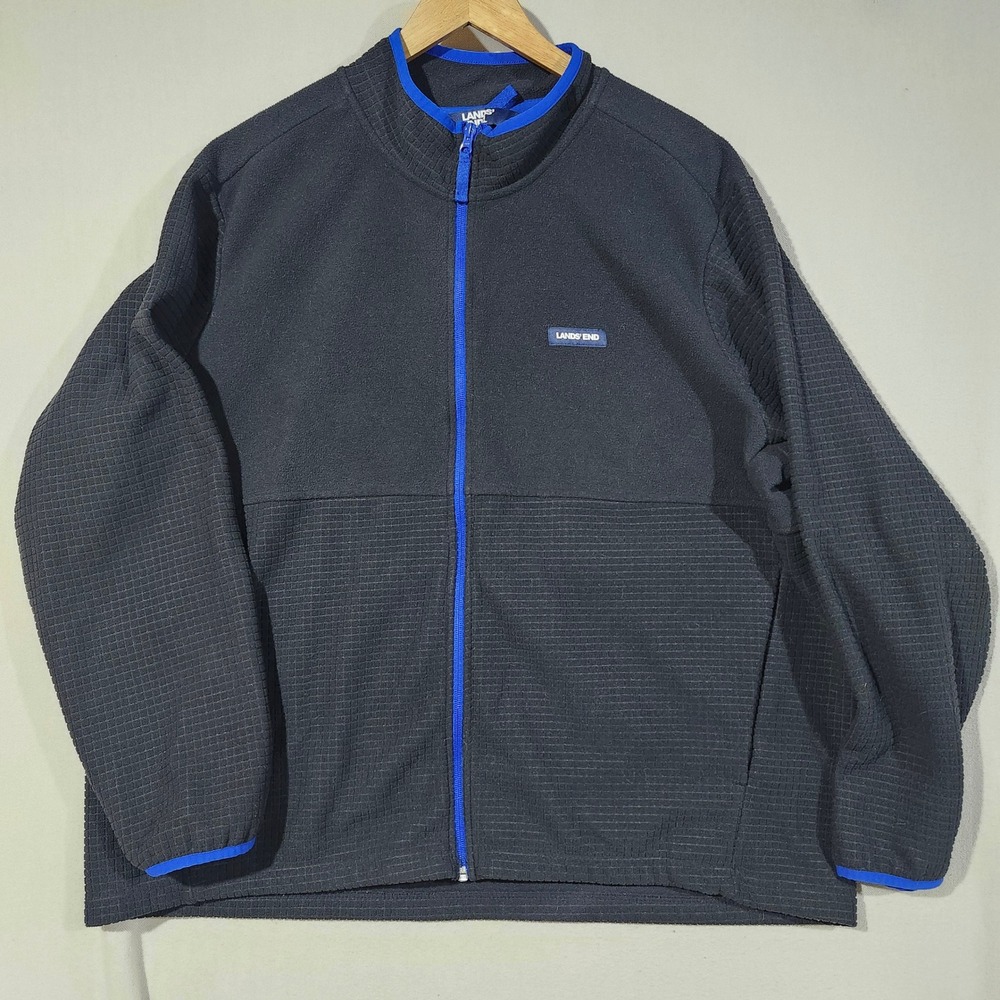 Lands End Mens XXL Black Grid Texture Full Zip Fleece Jacket Blue Trim Mid Layer